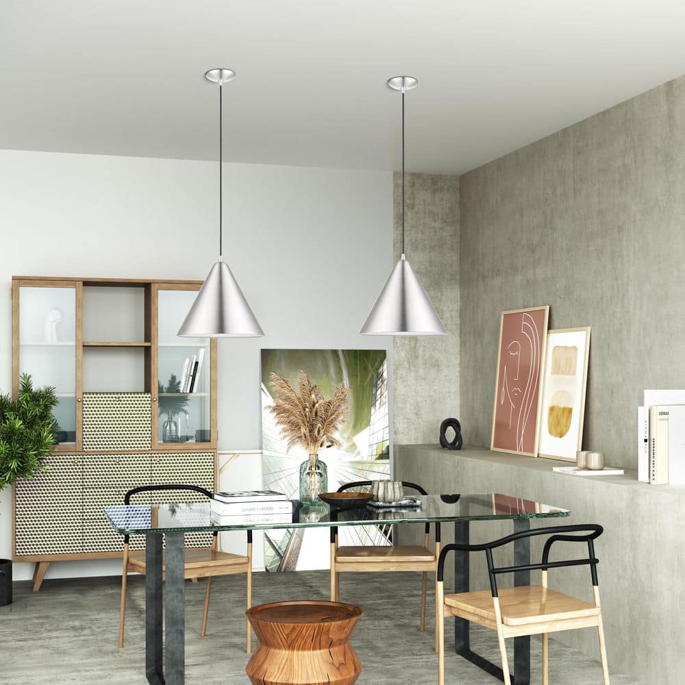 Dulce Brushed Aluminum Pendant with Shiny White Interior, 14" Shade