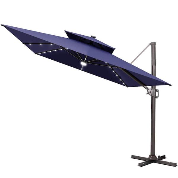 9 ft. x 11 ft. LED Rectangular Swivel Double Cantilever Tilt Patio Umbrella in Navy Blue