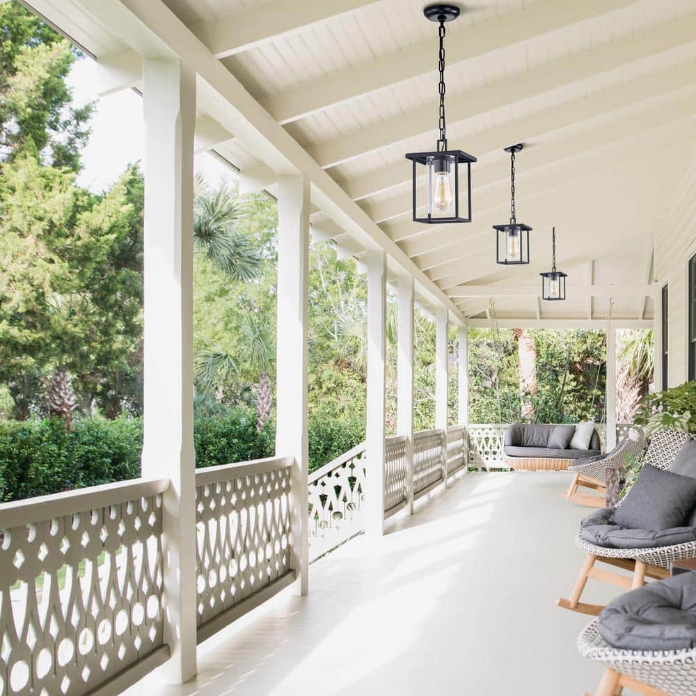 Matte Black Indoor Outdoor Pendant Light with Clear Glass Shade
