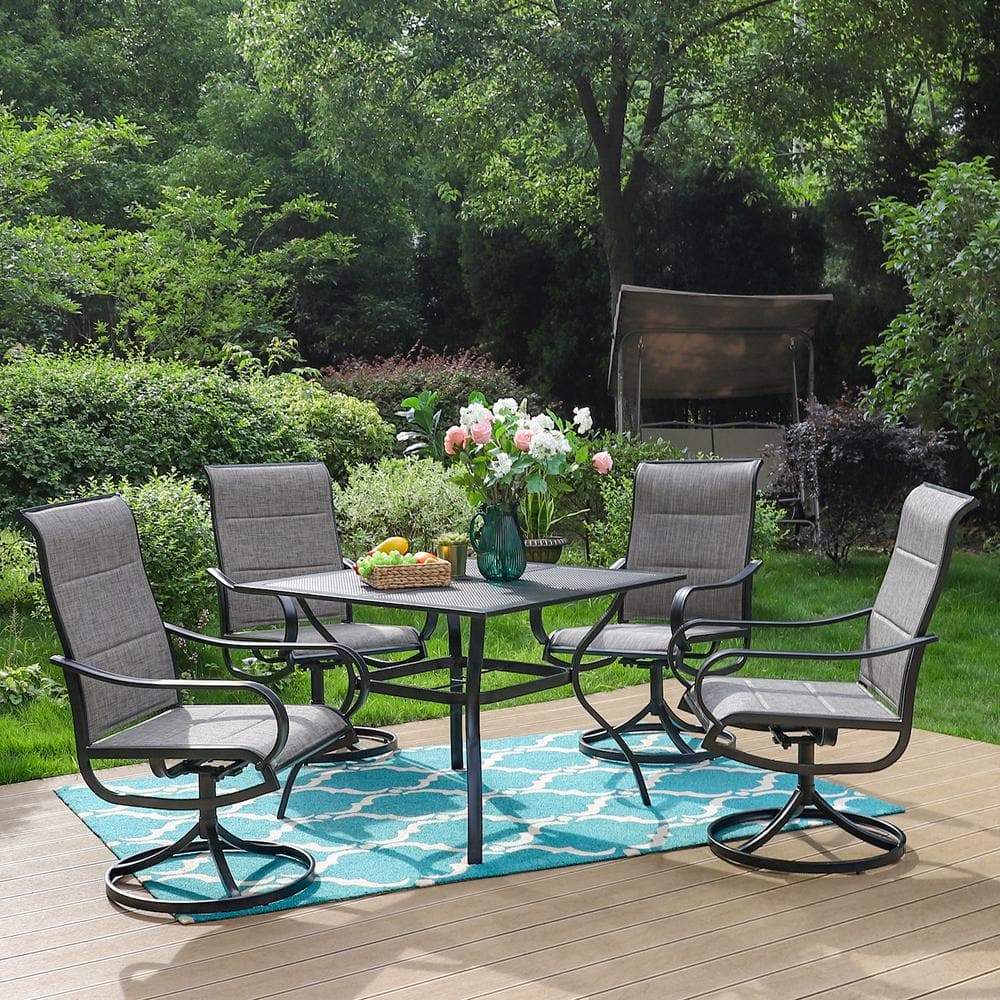 PHI VILLA Black 5Piece Metal Outdoor Patio Dining Set with Square Table and Padded Textilene