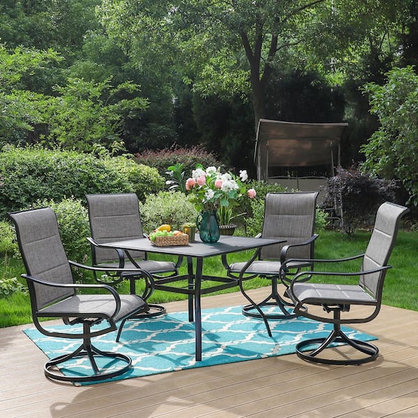 PHI VILLA Black 5-Piece Metal Outdoor Patio Dining Set with Square Table and Padded Textilene Swivel Chairs