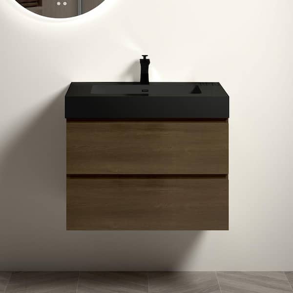 Staykiwi 30 in. W. x 18 in. D x 25.2 in. H Single Sink Wall-Mounted Bath Vanity in Dark Oak with Black Solid Surface Top