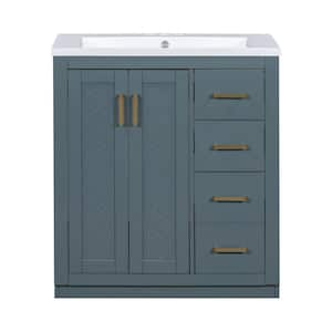 30 in. W x 18 in. D x 34 in. H Single Sink Bath Vanity in Navy Blue with White Resin Top, 3-Drawers, Soft Closing Doors