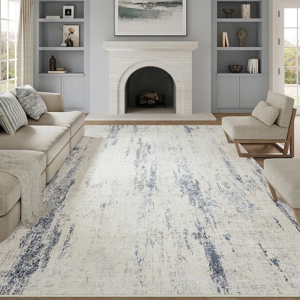 Plum Rain Blue/Beige 8 ft. x 10 ft. Washable Modern Abstract Area Rug