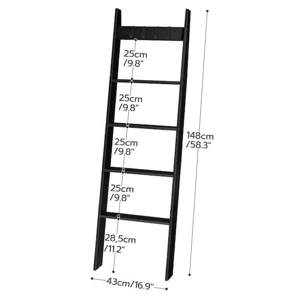 5-Tier Wall Leaning Towel Rack for Bathroom, Decorative Blanket Ladder Shelf with 4 Removable Hooks, Black