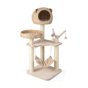 Beige Wood Cat Tree with Condo Hammock and Rotatable Hanging Balls