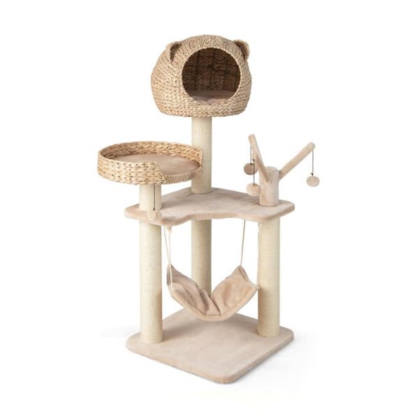 FORCLOVER Beige Wood Cat Tree with Condo Hammock and Rotatable Hanging Balls