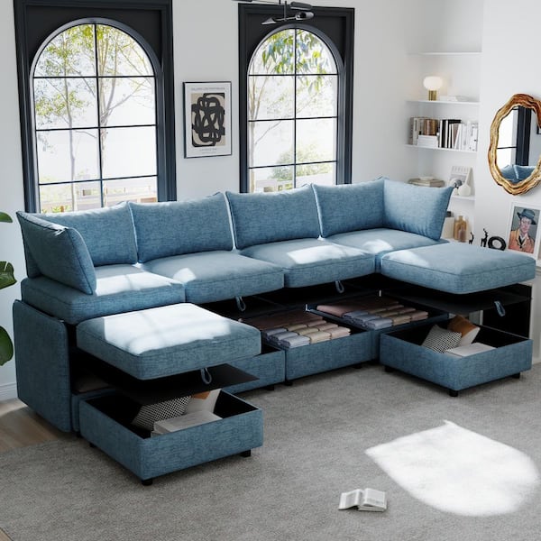 Willow 129 in. 6-Piece Chenille Modular Sectional Sofa in. Antique Blue with Storage, Sleeper Sofa Bed with Ottomans