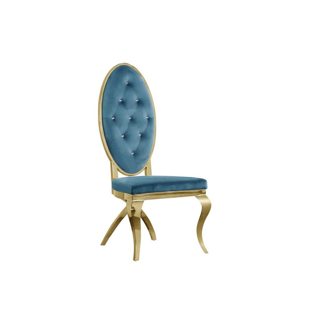 Teal Blue Velvet Upholstered Side Chair with Gold Metal Legs