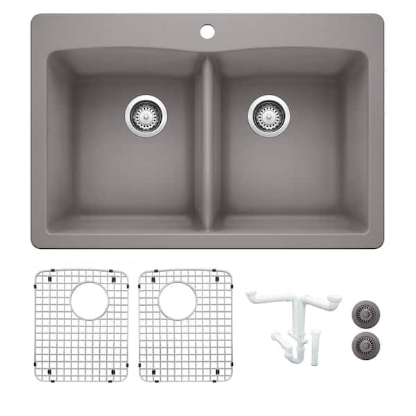 Blanco Diamond 33 in. Drop-in/Undermount Double Bowl Metallic Gray Granite Composite Kitchen Sink Kit with Accessories