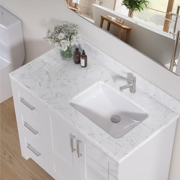 42 in. W x 22 in. D Engineered Stone Rectangular Right Single Sink Vanity Top in Carrara White with 4 in. H Backsplash