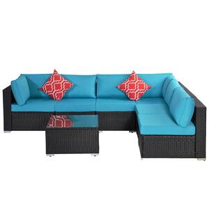7-Piece Black Wicker Outdoor Garden Patio Furniture Sectional with Light Blue Cushions