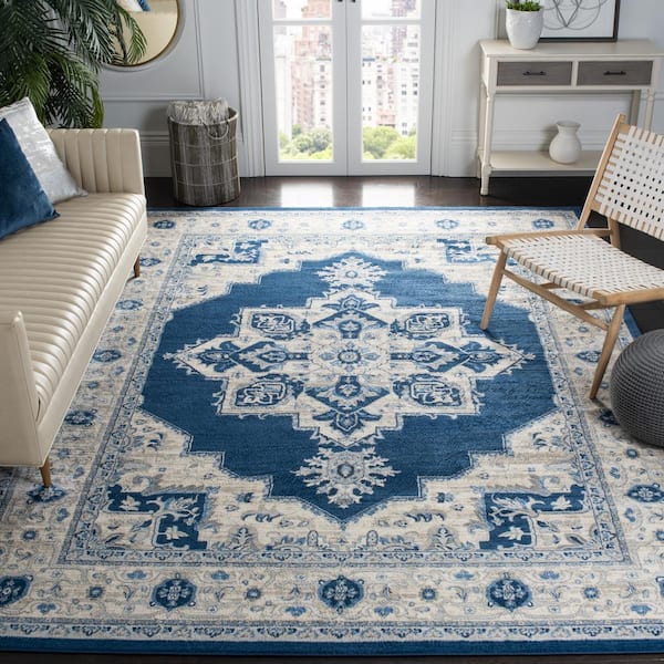 Brentwood Navy/Cream 10 ft. x 13 ft. Floral Medallion Border Area Rug