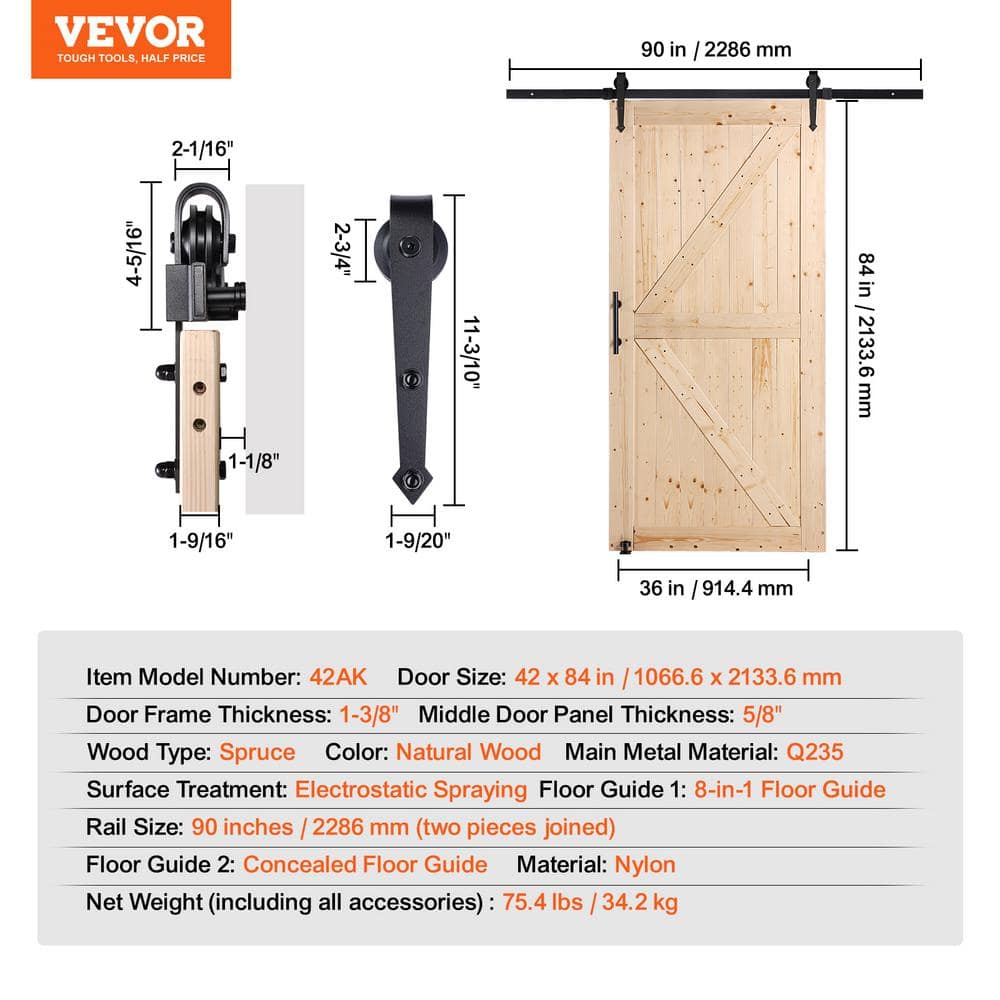 Natural Spruce Wood Sliding Barn Door with Hardware Kit, 42" x 84"
