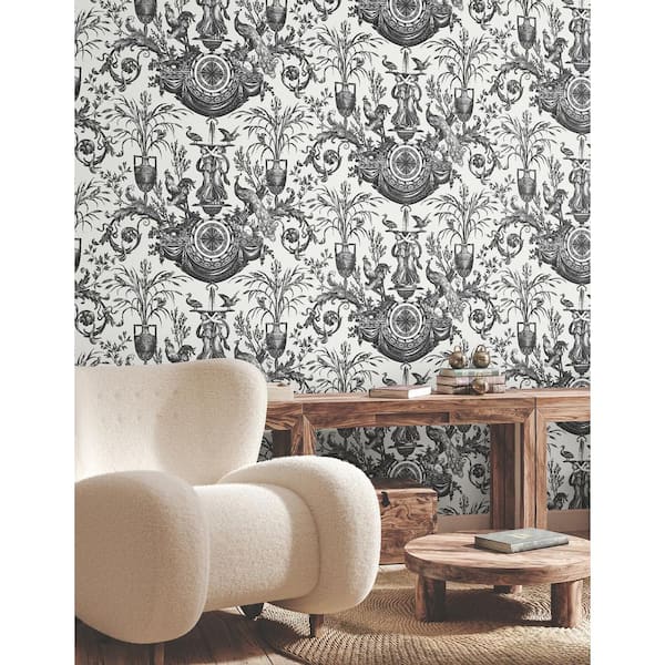 Avian Fountain Toile White Black Wallpaper Roll