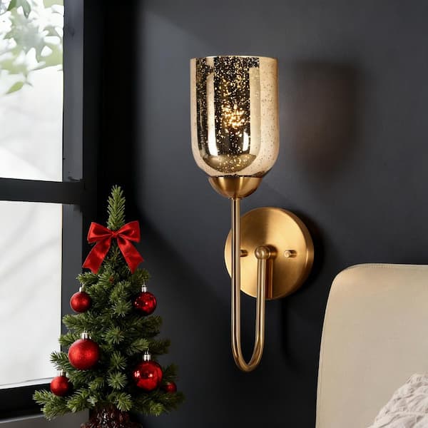 LNC 15.7 in. H Modern 1-Light Plated Brass Wall Sconce with Handcrafted Mercury Glass Glam Bathroom Powder Room Vanity Light