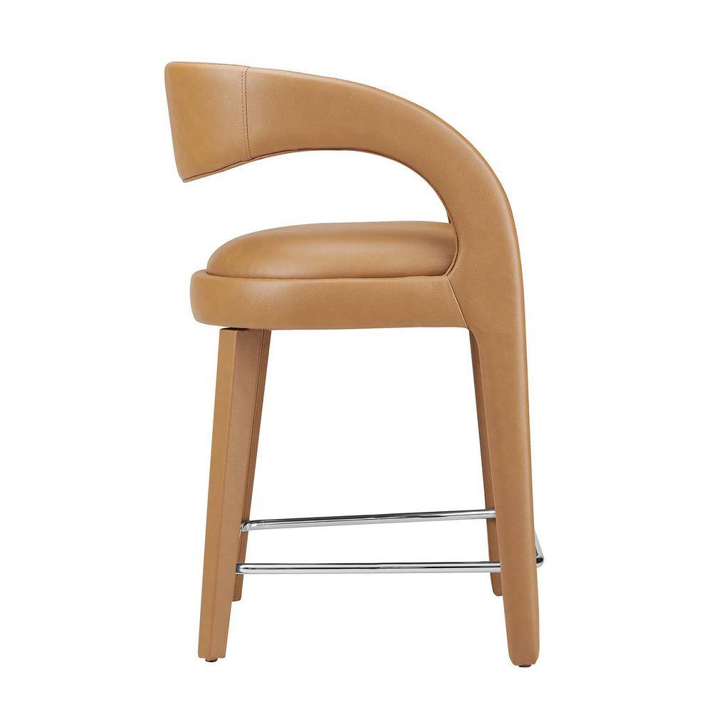 Tan Vegan Leather and Wood Counter Stool Set with Metal Footrest