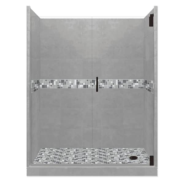 American Bath Factory Newport Grand Hinged 32 in. x 60 in. x 80 in. Right Drain Alcove Shower Kit in Wet Cement and Black Pipe Hardware