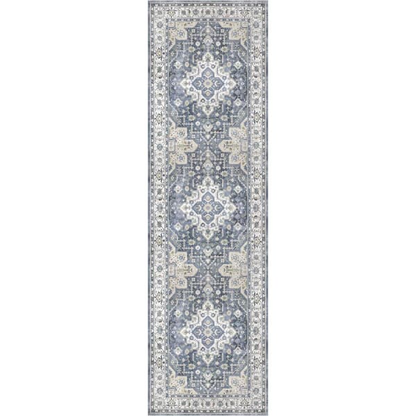 Vintage Home Ivory Blue 2 ft. x 8 ft. Center medallion Traditional Runner Area Rug