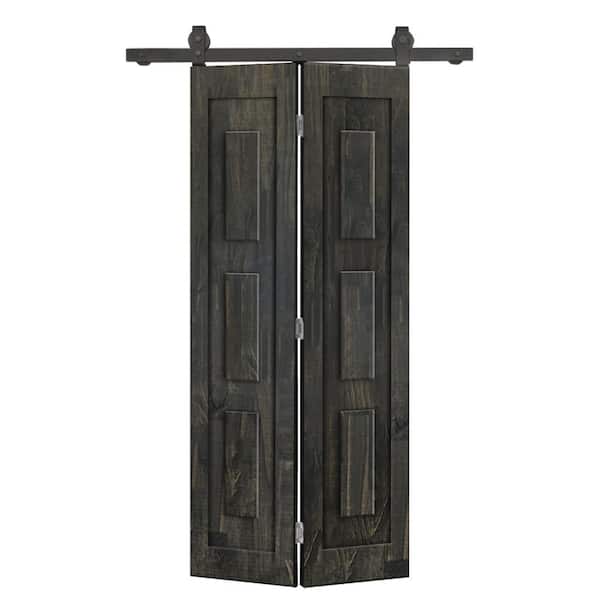 28 in. x 80 in. 3 Panel Shaker Hollow Core Charcoal Black Pine Wood Bi-Fold Door with Sliding Barn Door Hardware Kit