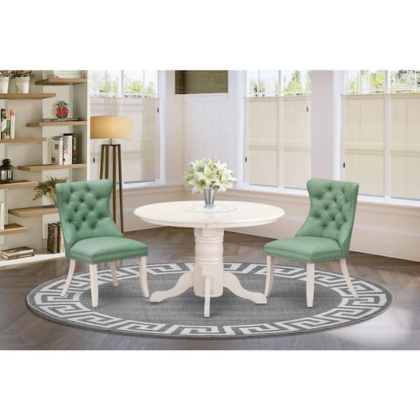 East West Furniture 3-Piece Linen white Solid Wood Top - Round Upholstered Dining Room Set - Seats 4