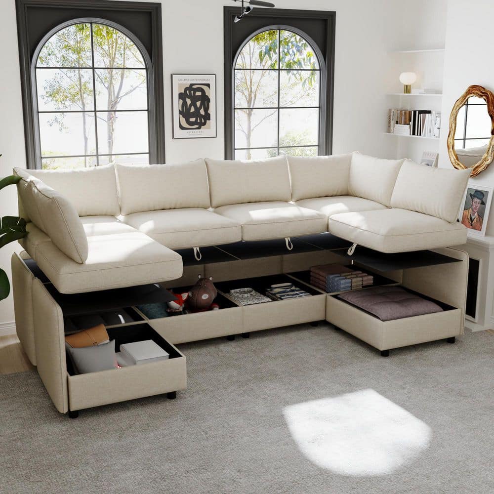 Convertible Modular 129 in. Chenille Sectional Sofa in Beige with Storage Seats, Ottomans, Transform to Sleeper Sofa