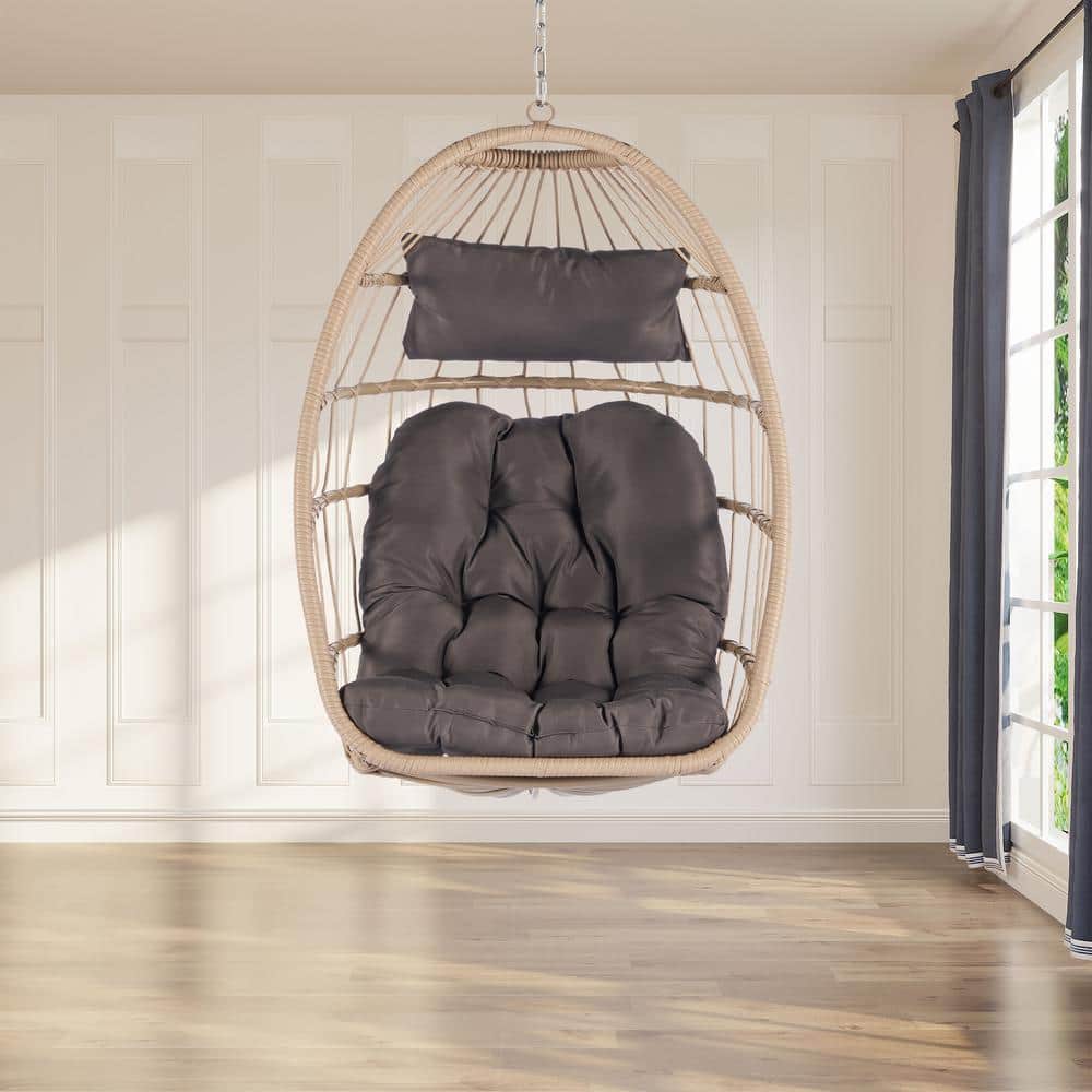 Wicker Outdoor Garden Porch Swing Chair Hanging Egg Chair with Dark Gray Cushions