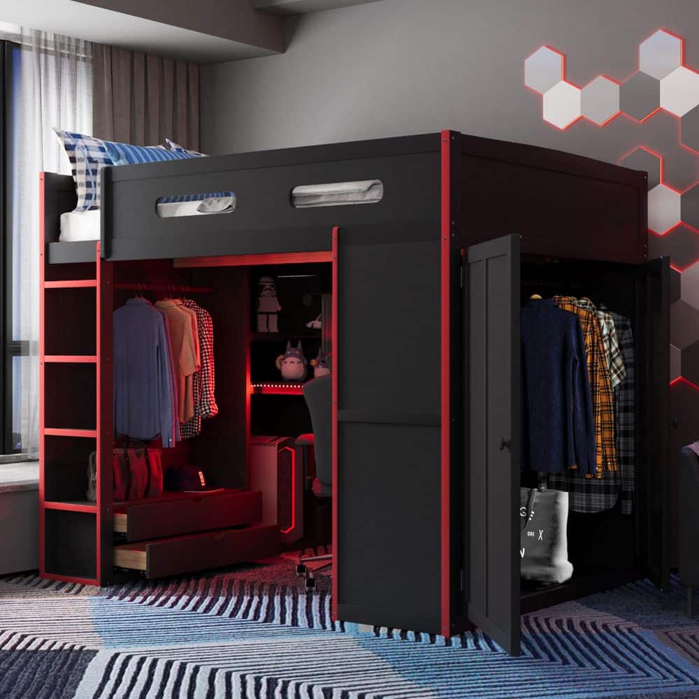 Red Full Size Wood Loft Bed with Desk, Wardrobe, Ample Storage Space, RGB LED Light, USB Charging Port price history on PriceWatchPro