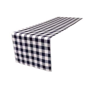 14 in. x 108 in. White and Navy Blue Polyester Gingham Checkered Table Runner