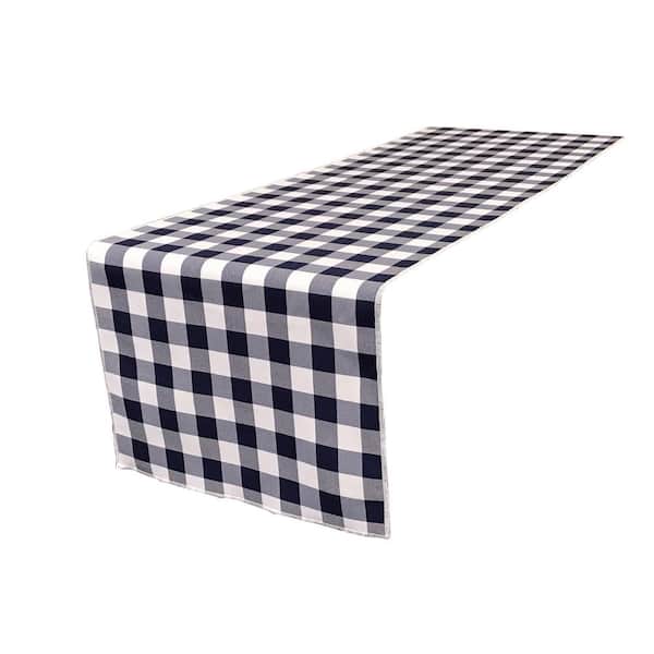 LA Linen 14 in. x 108 in. White and Navy Blue Polyester Gingham Checkered Table Runner