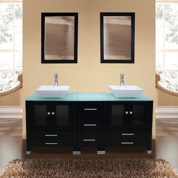 61 in. Double Ceramic Square Vessel White Sinks Freestanding Black Bath Vanity w/ Green Tempered Glass Tops and Mirrors