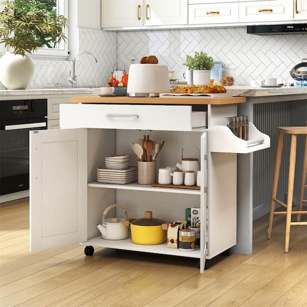 Rolling Kitchen White Island Cart Storage Cabinet with Towel and Spice Rack