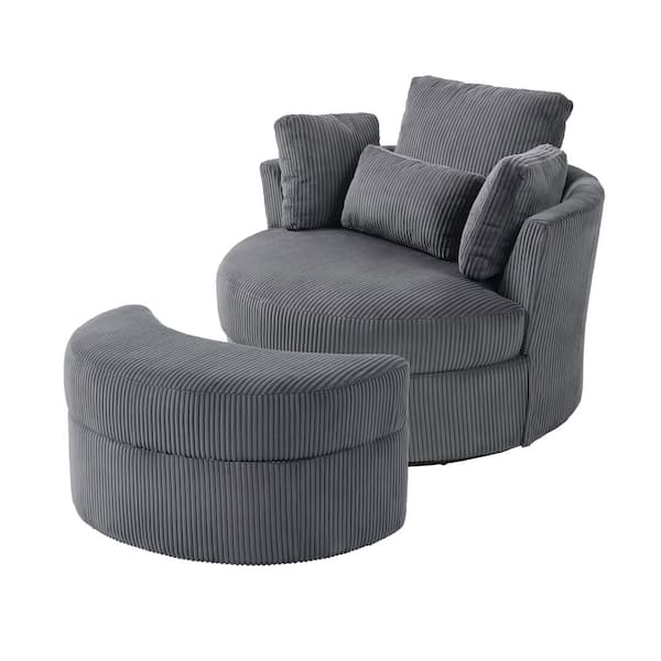 Uixe Gray Corduroy Fabric Upholstered Swivel Accent Barrel Chair with Storage Ottoman and Pillows (Set of 1)