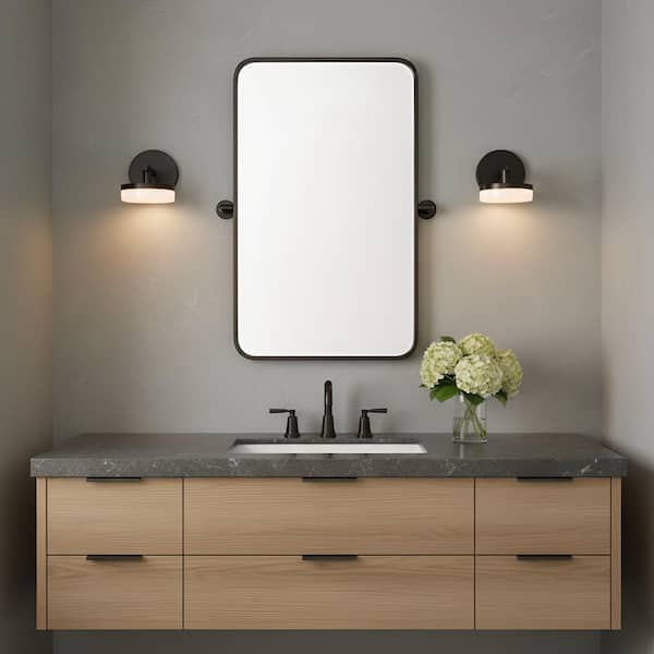 Khan 4.8 in. 1-Light Aged Iron Integrated LED Bathroom Bedroom Wall Vanity Light with Silk Screen White Glass Shade