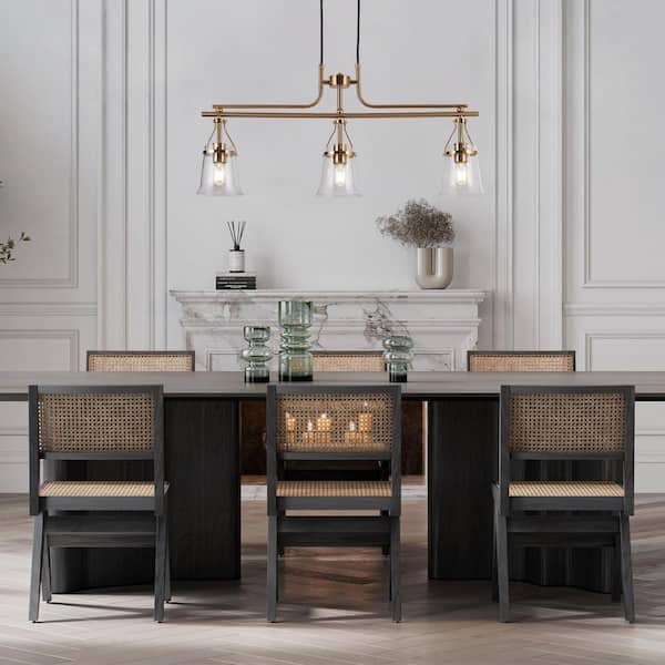 Auisre Modern 3-Light Black and Brass Linear Chandelier for Dining Room with Bell Seeded Glass Shades, LED Compatible