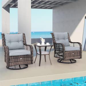 Brown 3-Piece Metal Patio Conversation Set with Glass Top Side Table in Gray Cushion