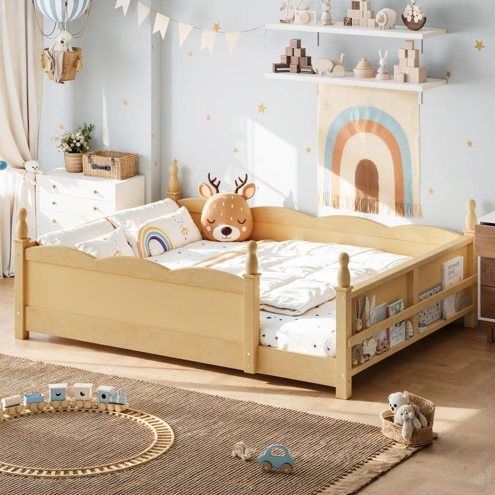 Natural Wood Frame Full Size Platform Bed with Beside Book Shelf price history on PriceWatchPro