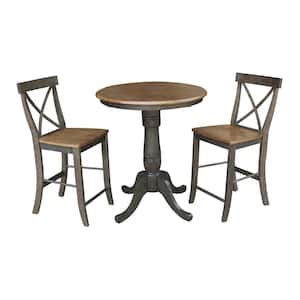 Hampton 3-Piece 30 in. Hickory/Coal Round Solid Wood Counter Height Dining Set with X-Back Stools
