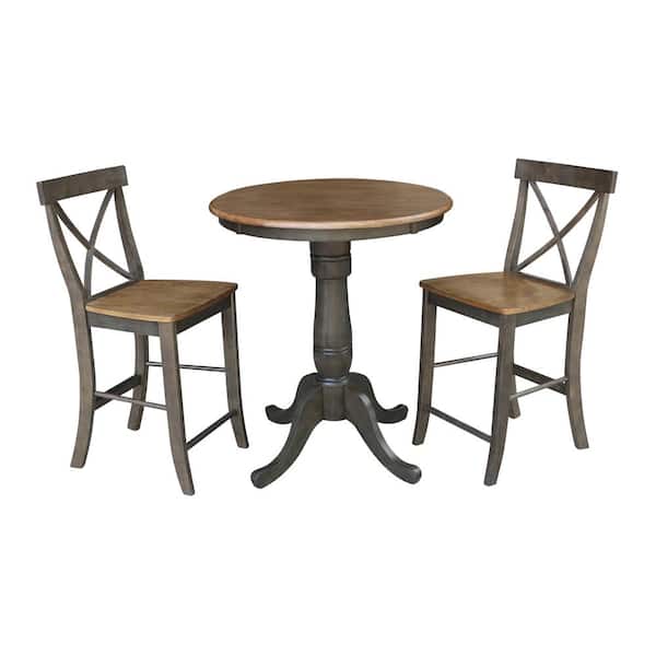 International Concepts Hampton 3-Piece 30 in. Hickory/Coal Round Solid Wood Counter Height Dining Set with X-Back Stools