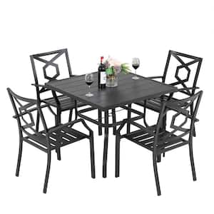 5-Piece Outdoor Dining Set with Umbrella Hole Patio Furniture Set with Stackable Armchairs and Square Table in Black