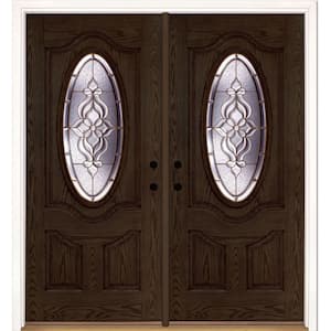 74 in. x 81.625 in. Lakewood Brass 3/4 Oval Lite Stained Walnut Oak Right-Hand Fiberglass Double Prehung Front Door