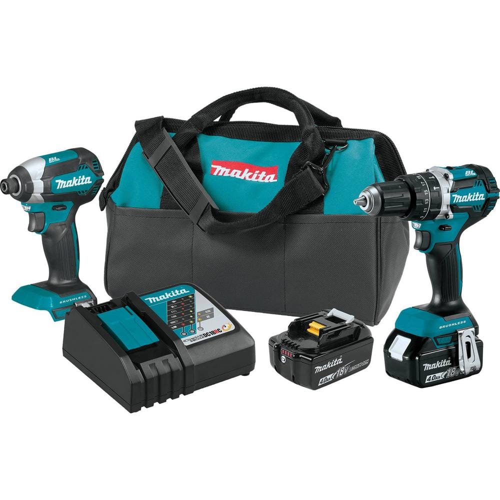 Makita 18V LXT Lithium-Ion Brushless Cordless Hammer Drill and Impact Kit (2-Tool) w/ (2) 4Ah Batteries, Bag XT269M - The Home Depot