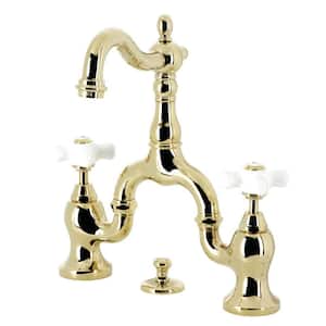 English Country 2-Handle 8 in. Bridge Bathroom Faucets with Brass Pop-Up in Polished Brass
