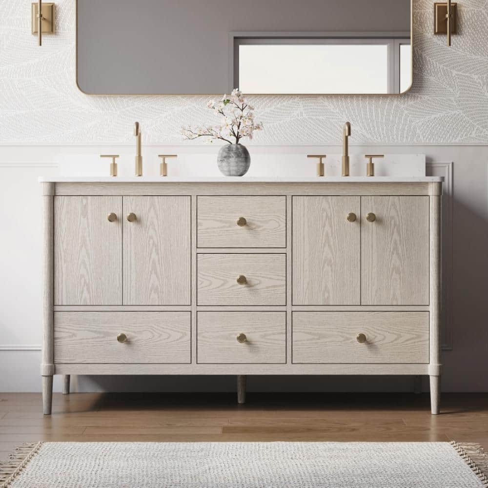 60 in. W Double Sink Freestanding Solid Wood Bath Vanity in OAK with Quartz Top Fully Assembled price history on PriceWatchPro