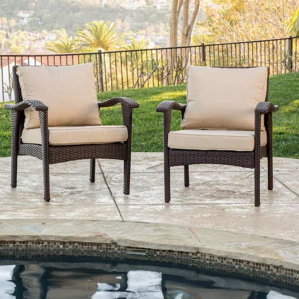 Noble House Honolulu Brown Stationary Faux Rattan Outdoor Lounge Chair with Tan Cushion (2-Pack)