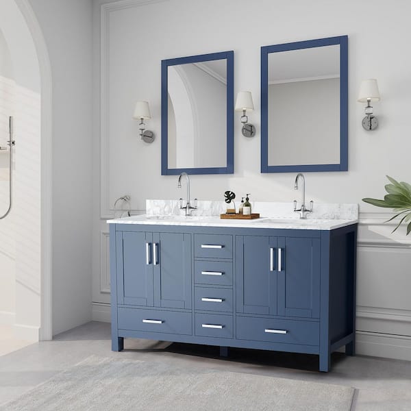 60 in. W x 22 in. D x 34 in. H Bath Vanity in Blue with White Carrara Marble Top with Basin