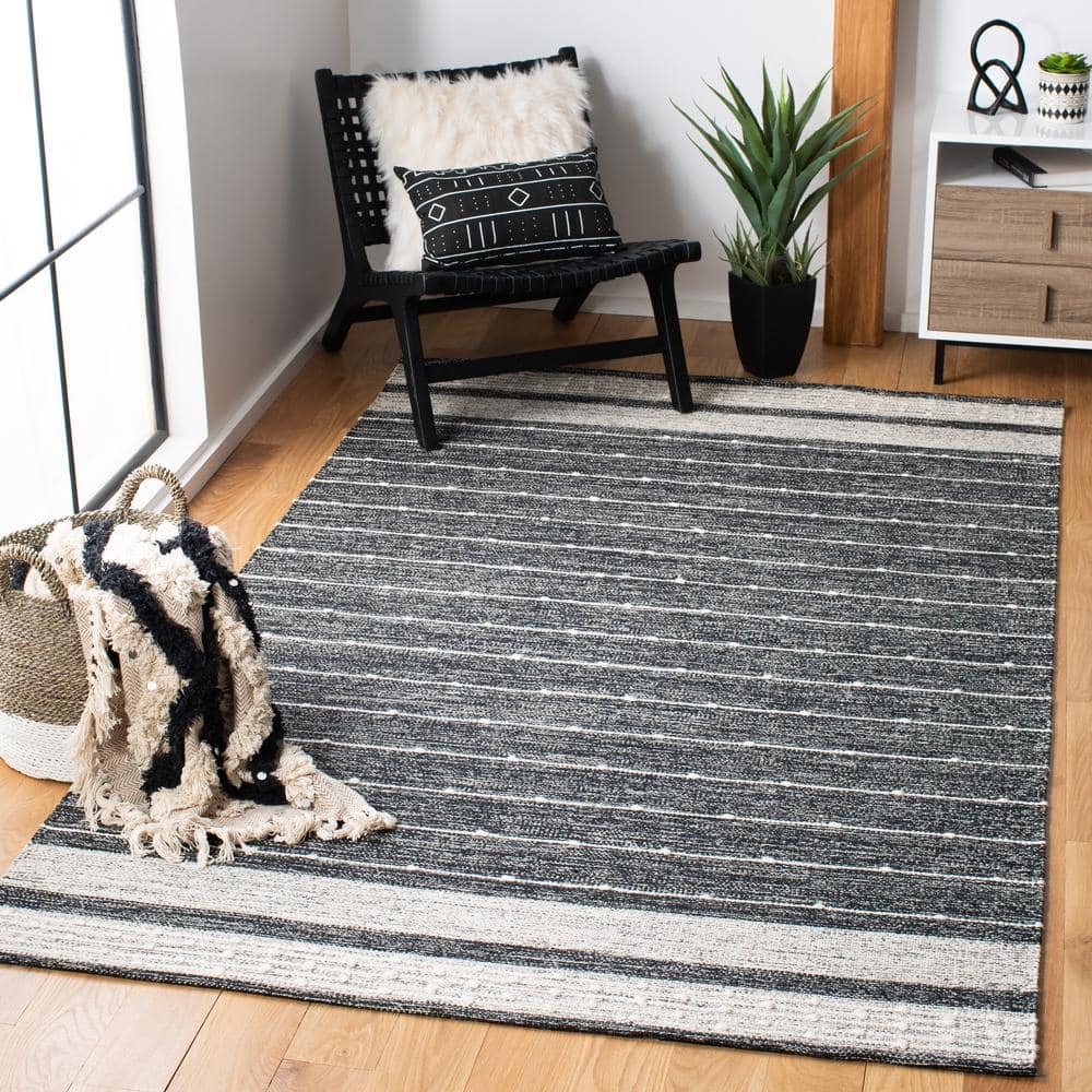 Black and Ivory Striped 4' x 6' Wool Cotton Rug