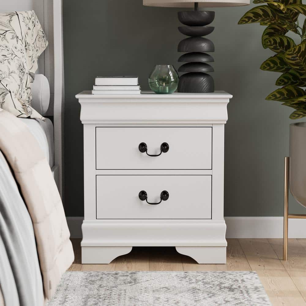 White Solid Wood 2-Drawer Nightstand with Antique Handles