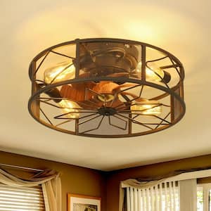 19.6 in. Indoor Black Industrial Caged Farmhouse Flush Mount Ceiling Fan with Light Remote Control 6-Speed Reversible