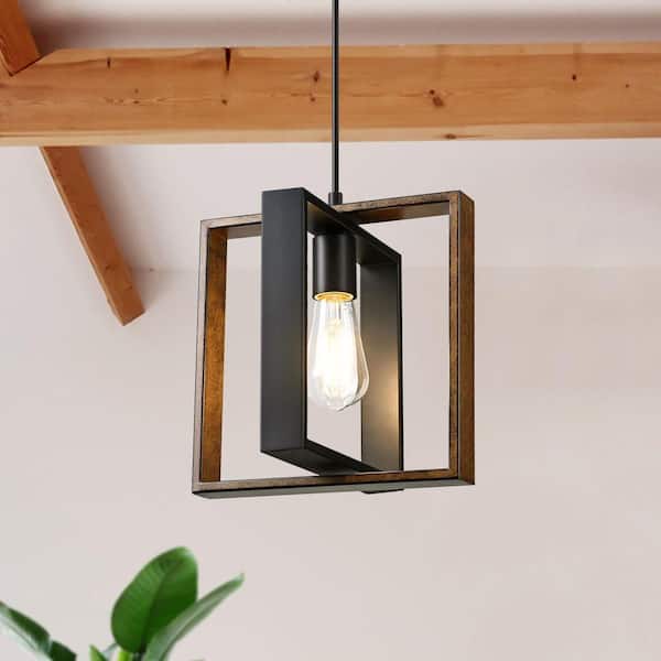 60 -Watt 1 Light Farmhouse Shaded Pendant Light with Wood Grain and Black Finish Shade, No Bulbs Included